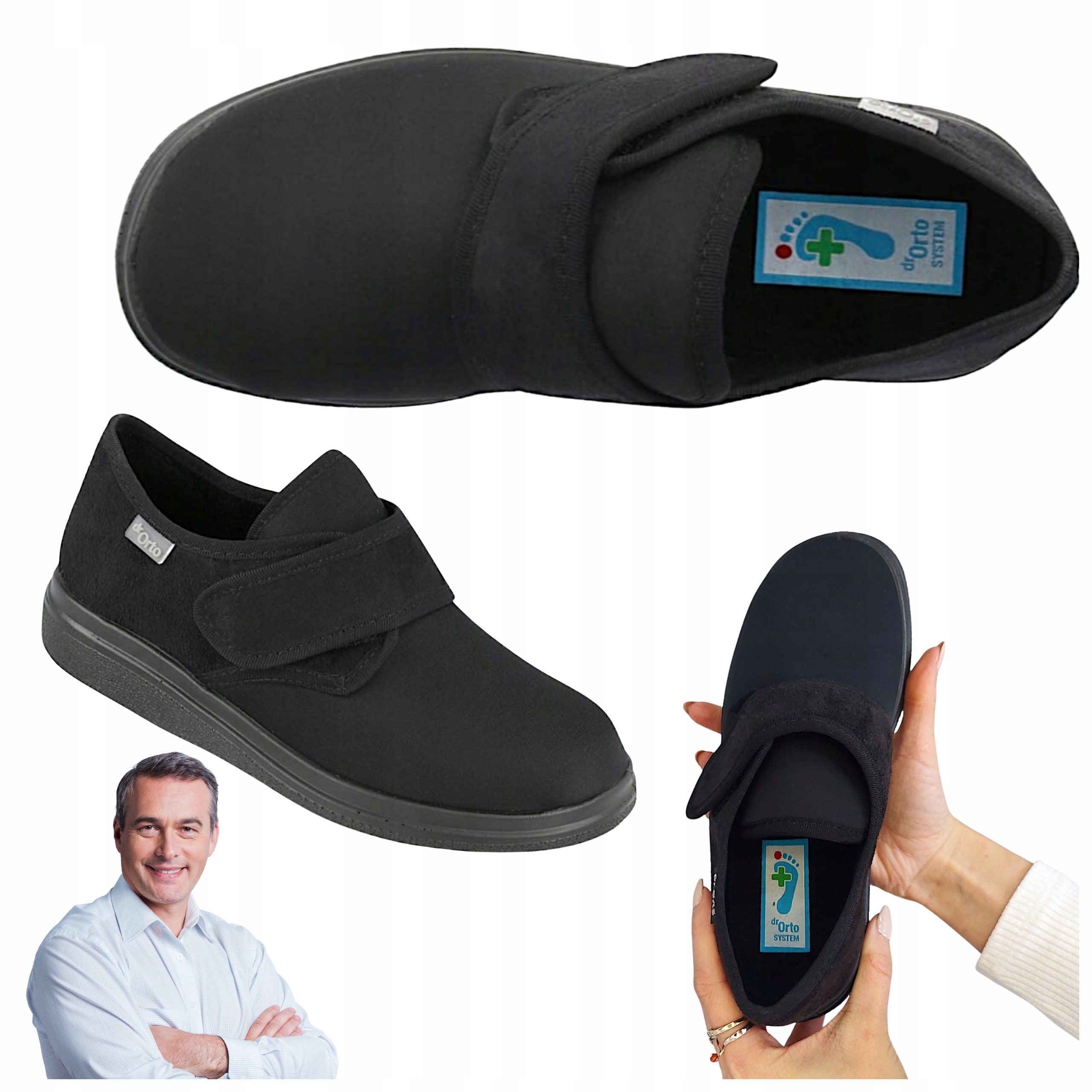 Buty Męskie półbuty Ortopedyczne Na Rzep Dr Orto Czarne Zdrowotne Ciepłe 45