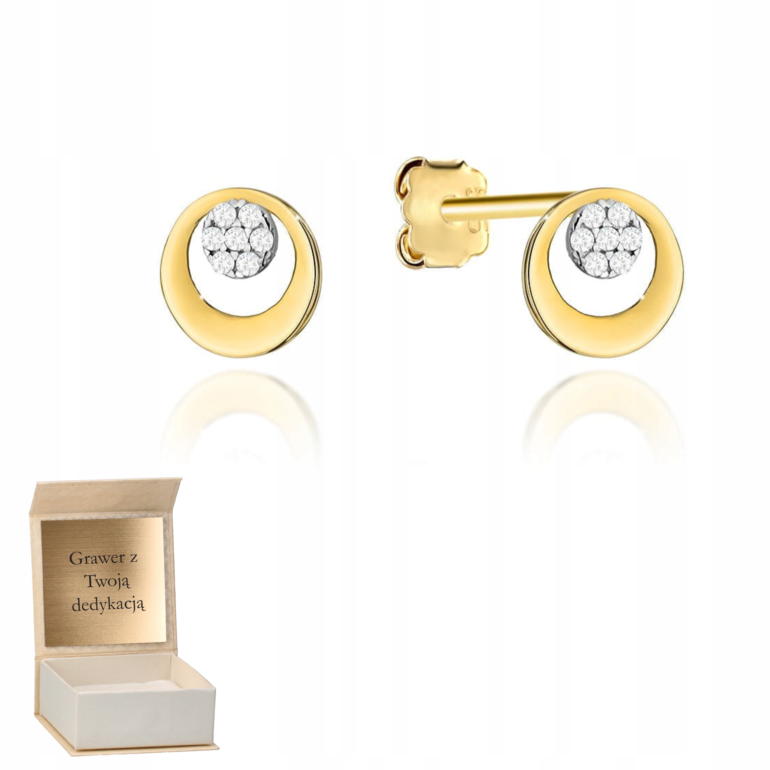 Zlaté náušnice Kolečka a Zirkony na tyči zlato ryzost 585 Gravírování