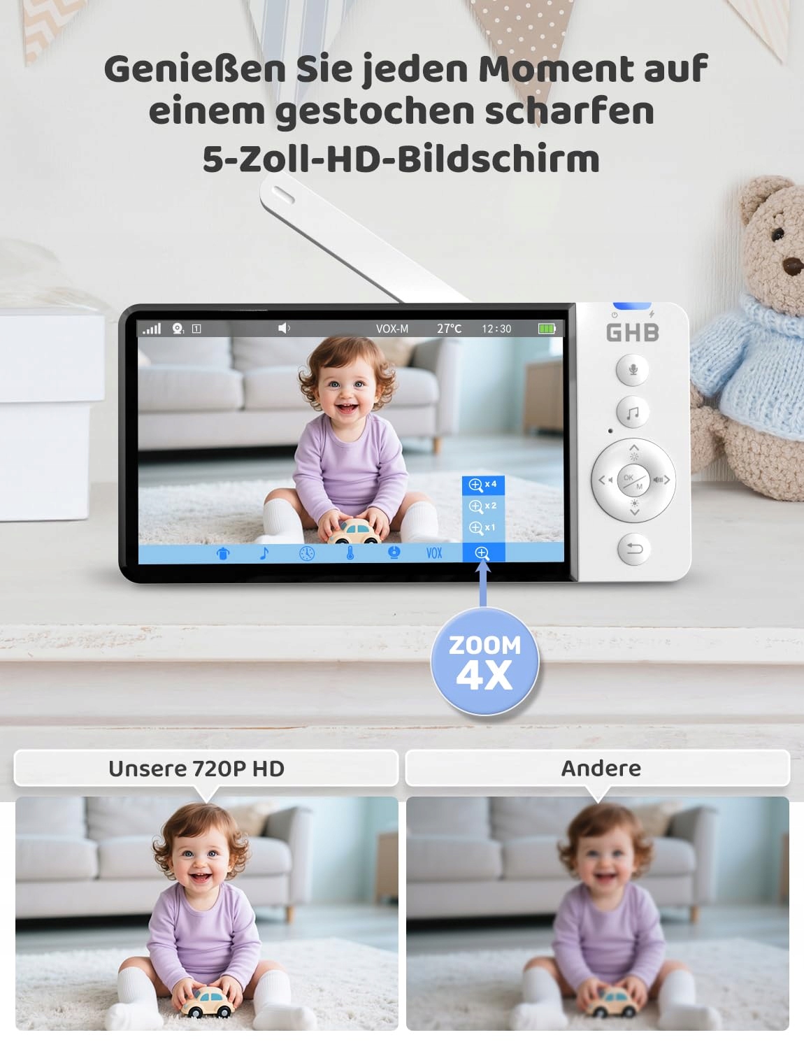 GHB Niania Elektroniczna Kamera 5 Cali 720P 5000mAh VOX Zoom Nocny Audio — miniatura 7