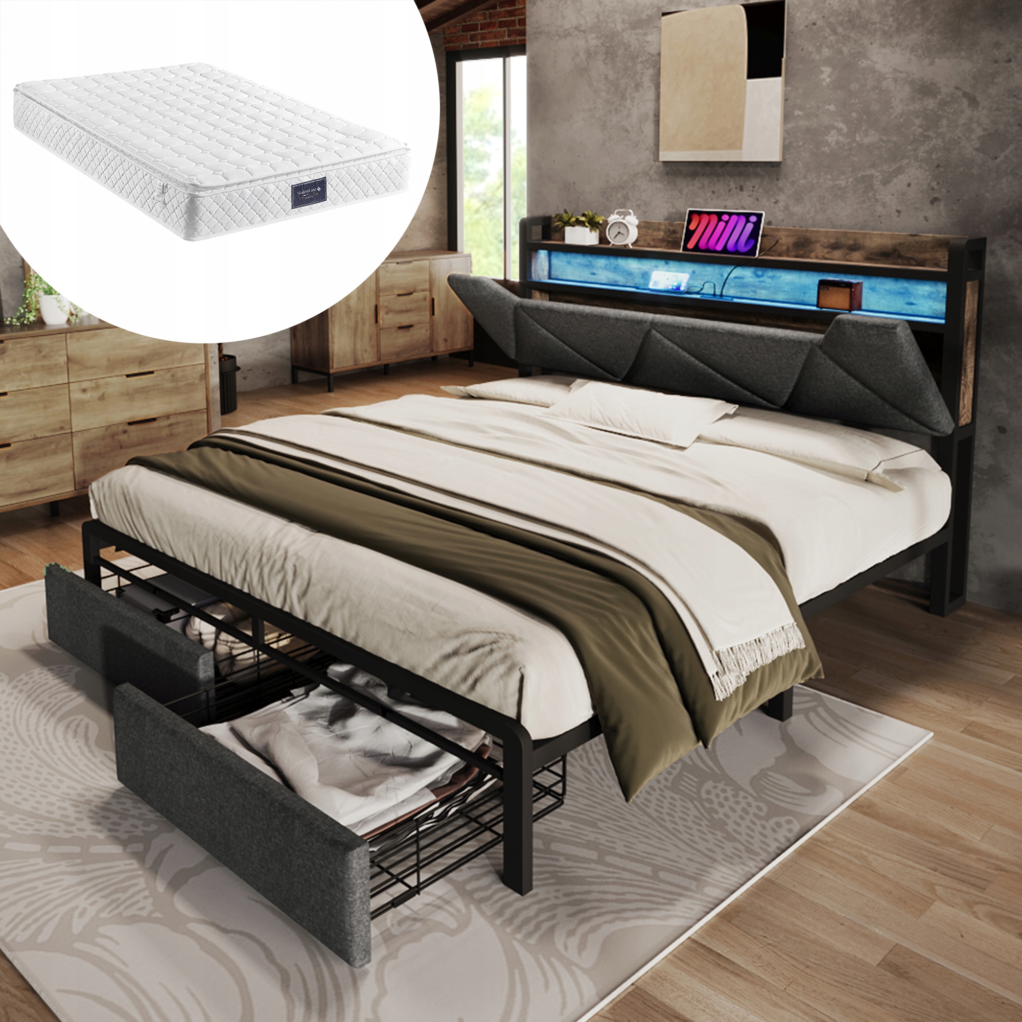 Čalouněná postel, opěrka hlavy s Led úložným prostorem Usb Zásuvky 140X200+Matrace