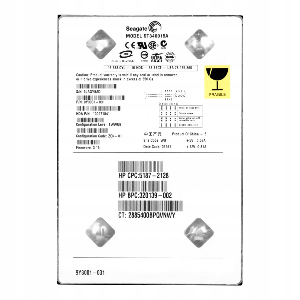 Hp 320139-002 5187-2128 40GB 5.4K 2MB Ata 3.5'' ST340015A
