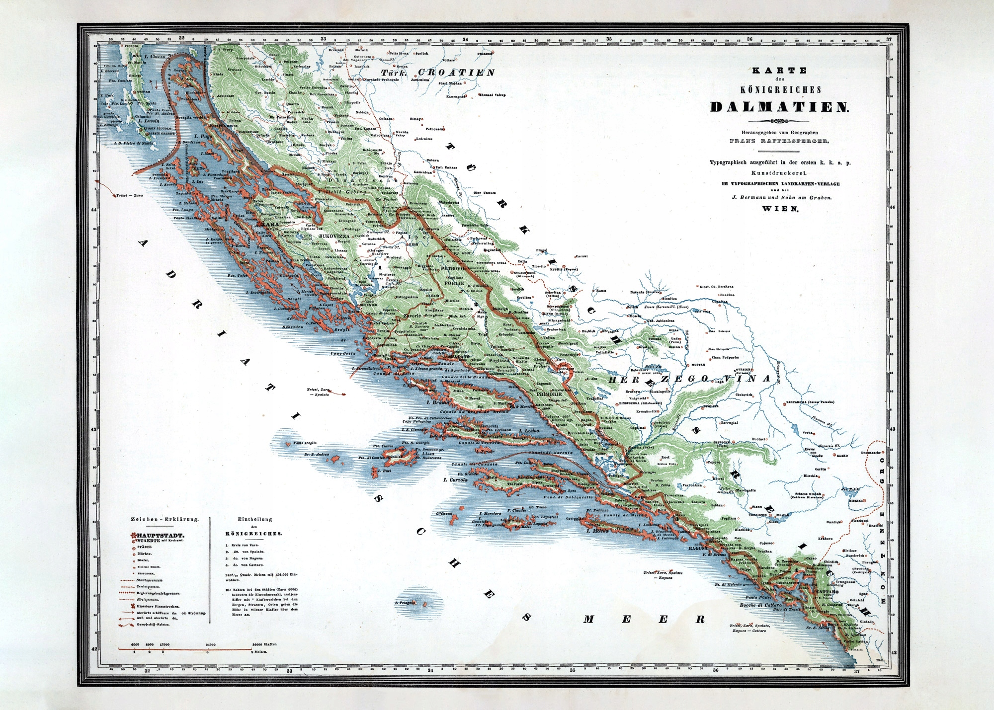 Stara Mapa Królestwa Dałmacji - Raffelsperger - 1843 - 91x61