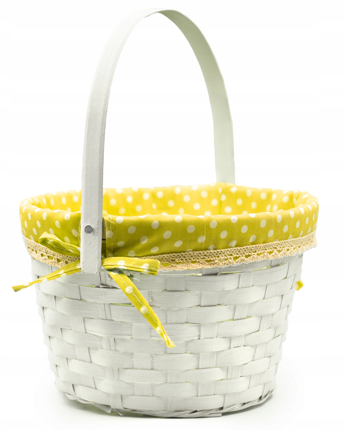 KOSZYK WIELKANOCNY BAMBUSOWY PREZENTOWY Z RĄCZKĄ BIAŁY Z MATERIAŁEM