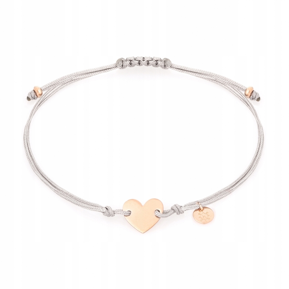 Bransoletka sznurkowa szara pozłacana na różowo Ania Kruk serce srebro 925
