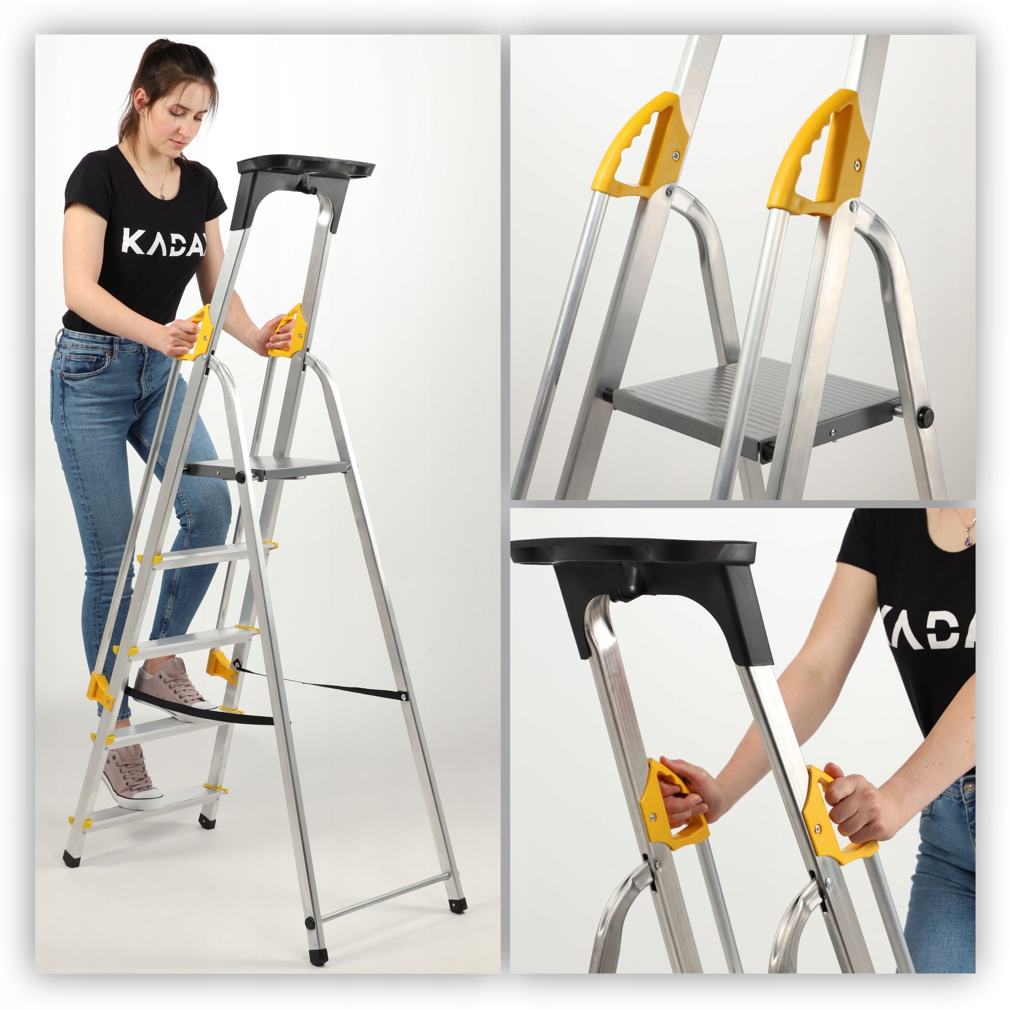 DRABINA ALUMINIOWA DOMOWA 5 STOPNIOWA SKŁADANA Z PORĘCZAMI + HAK Marka Kadax