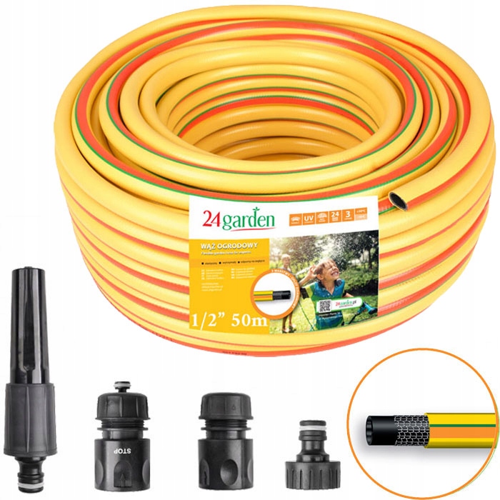 Wąż Ogrodowy +dysza +złączki Zestaw Do Podlewania Ogrodu Trawnika 1/2'' 50m