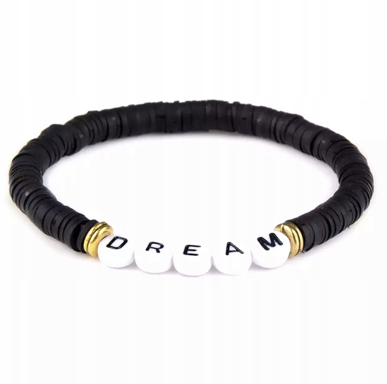 

Bransoletka na gumce czarna koraliki fimo napis