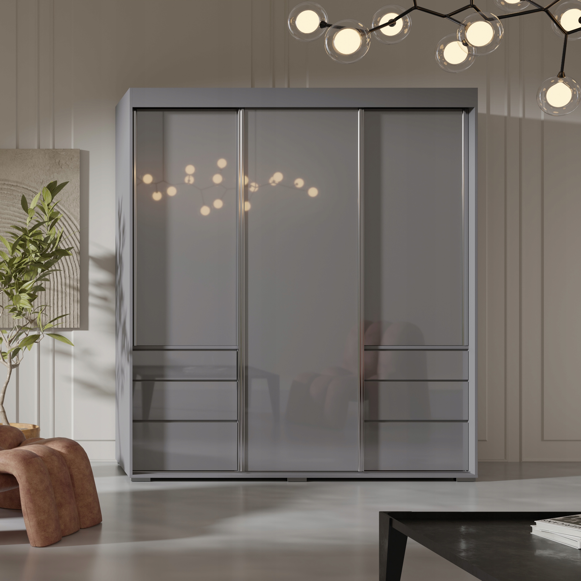 Szafa przesuwna z szufladami Torino 3D 180 Szara (lacobel)