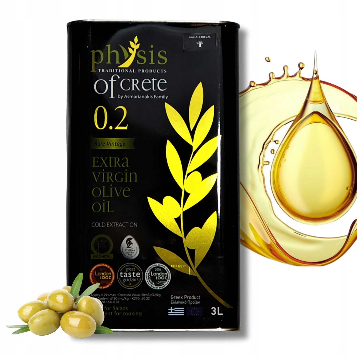 Grecka Oliwa Extra Virgin Physis 3 L 0,2% Koroneiki Kreta Evoo data 07/2027