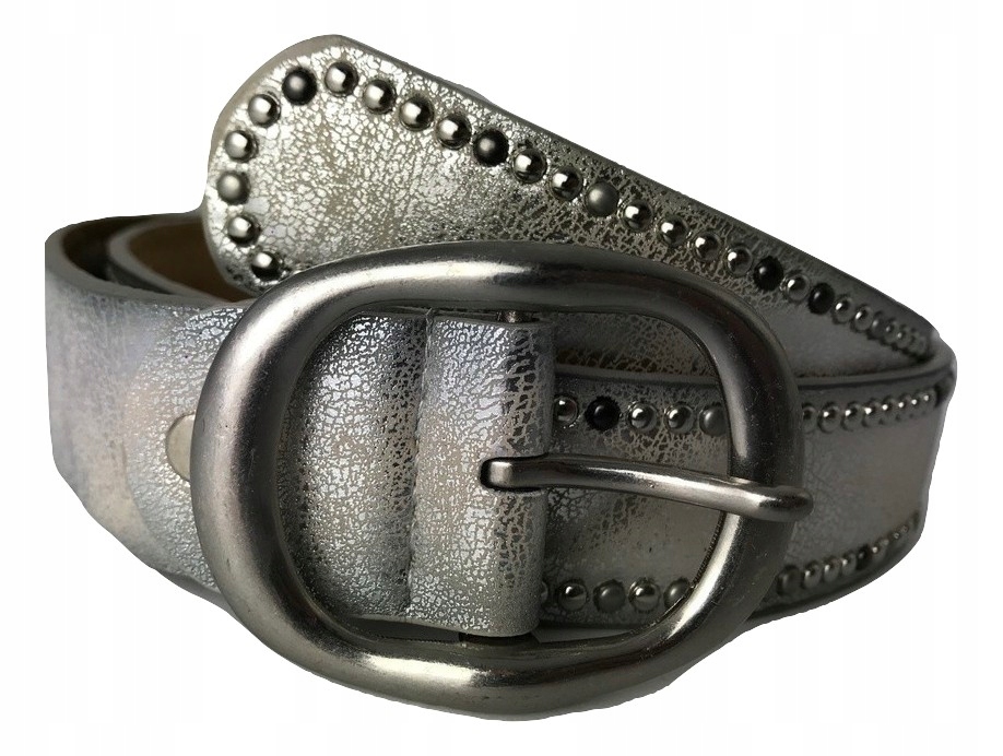 PASEK DAMSKI SREBRNY do spodni dżety skórzany