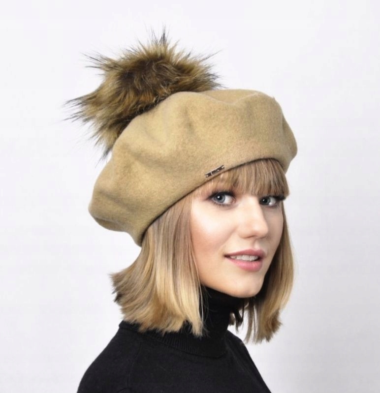 

Beret damski z pomponem Evita beżowy 100% wełna