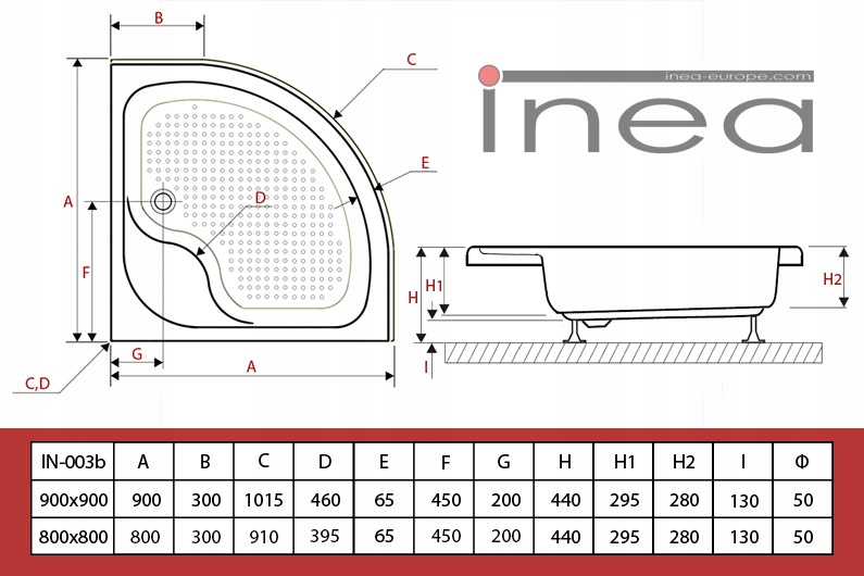 GŁĘBOKI 44CM BRODZIK WYSOKI DO KABINY PRYSZNICOWEJ 90x90 NAROŻNY 90CM Marka Inea