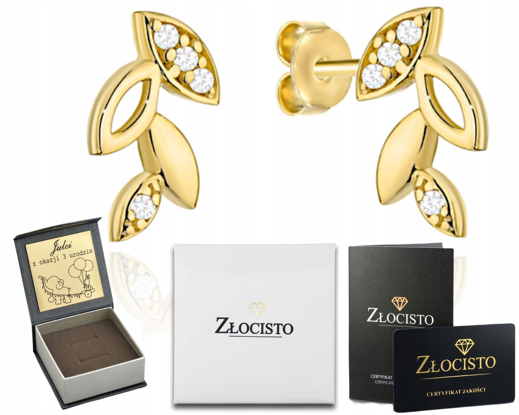 Zlaté Náušnice S Lístky A Zirkony, Tyčinka 585 Graw