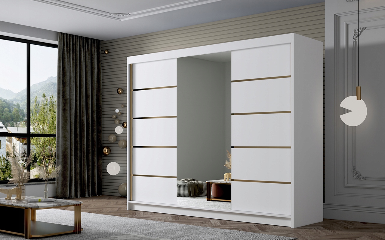 SZAFA PRZESUWNA AMBER VI 250cm z lustrem GARDEROBA - ZŁOTE UCHWYTY Marka bez marki