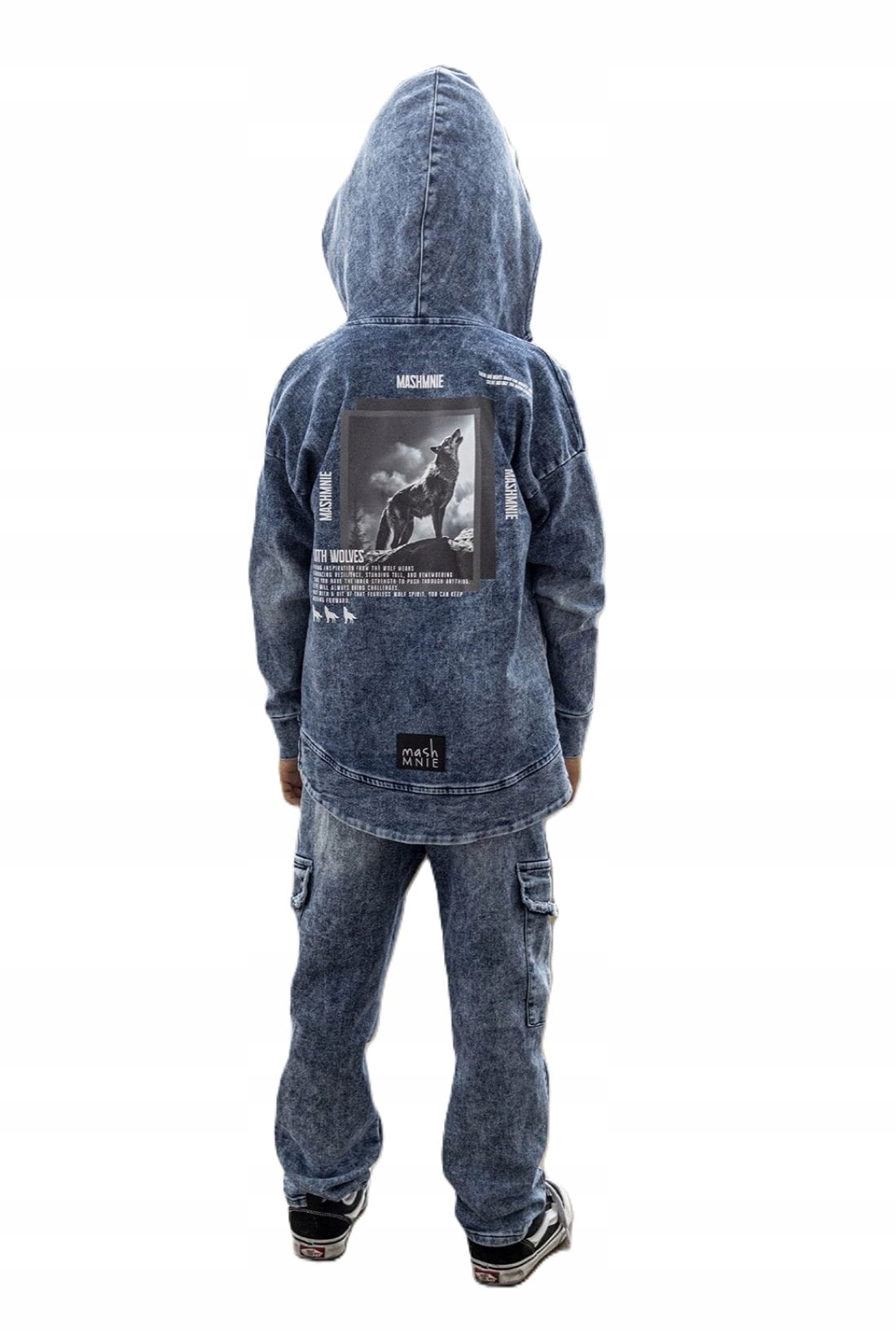 Bluza jeansowa z wilkiem kaptur zamek niebieska Mash Mnie 104 110