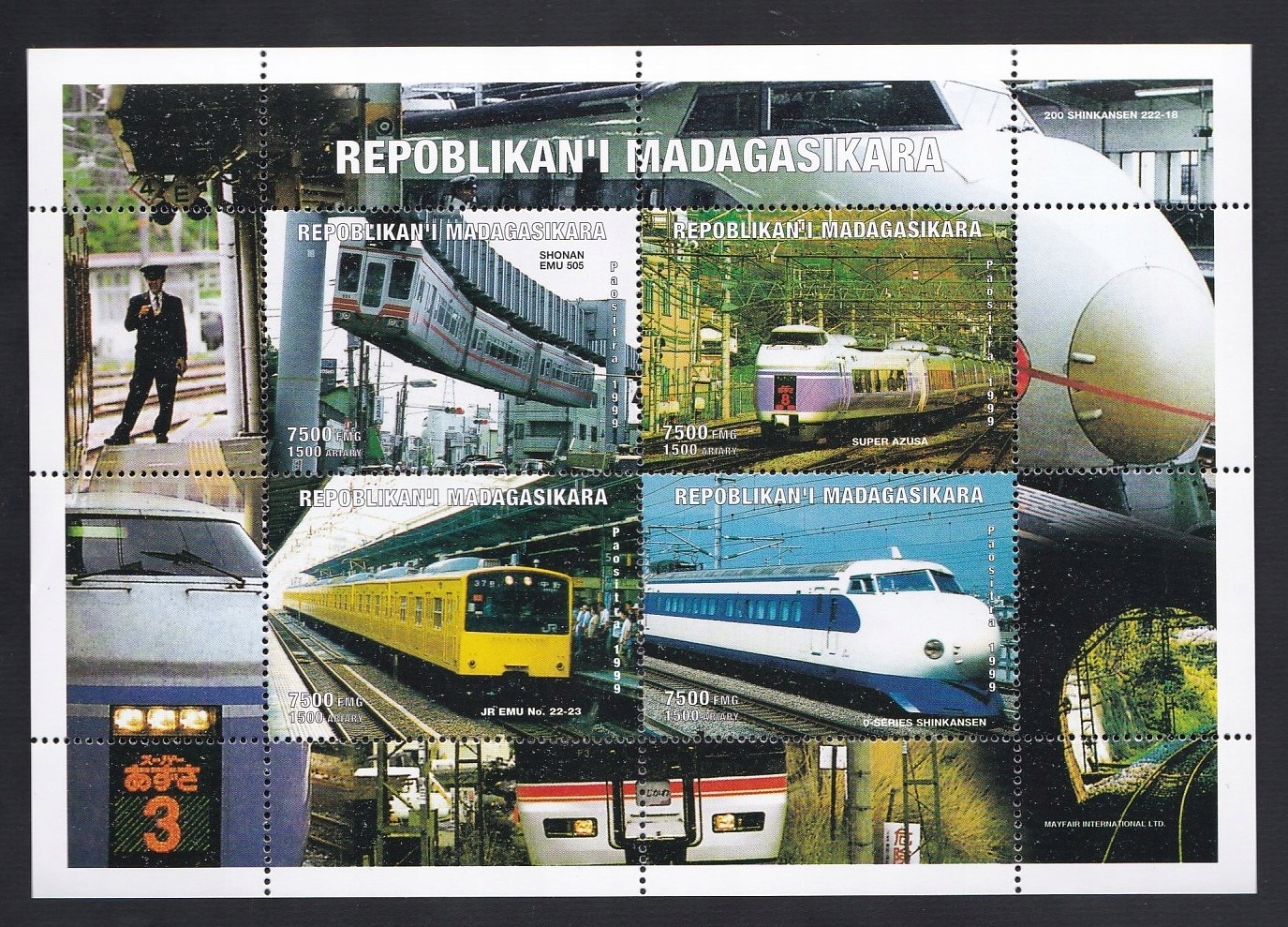 POCIĄGI KOLEJNICTWO - znaczki pocztowe, blok.