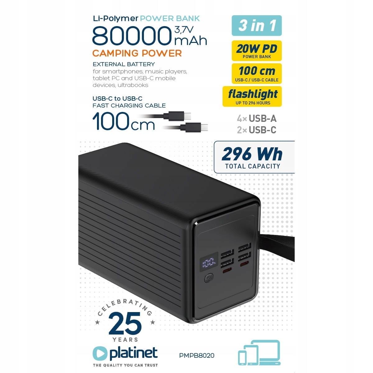 Power Bank 80000 mAh 20W Qc 3.0 Baterka kábel 1 m Usb-c
