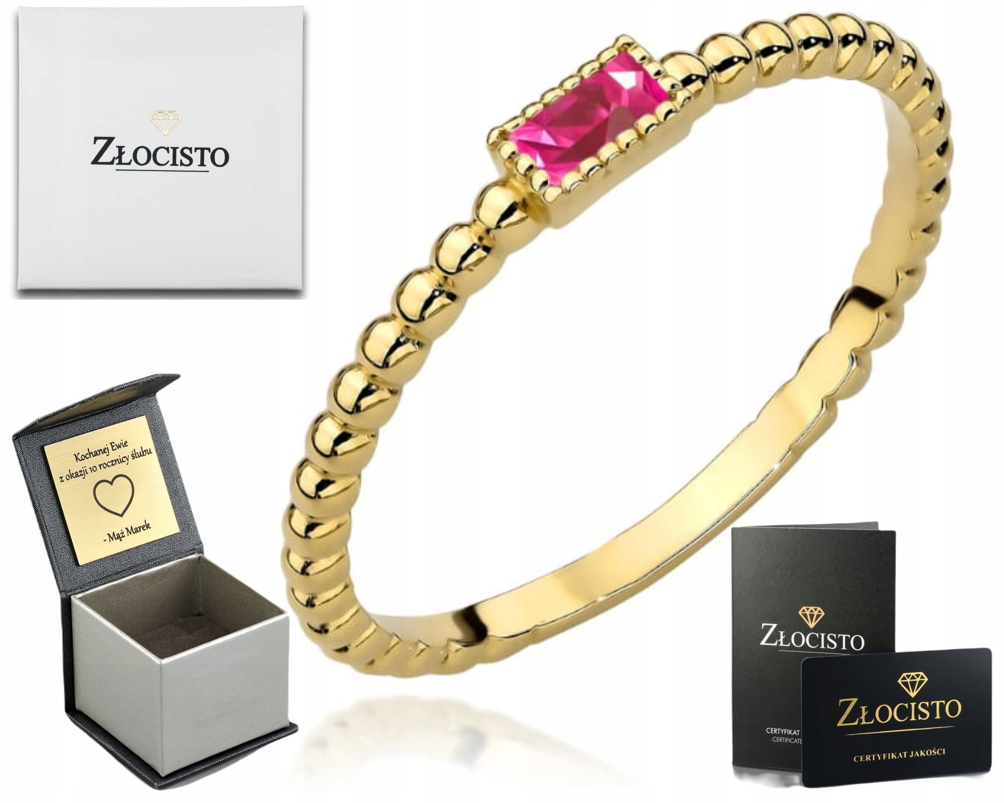 Zlatý Prstýnek Prsten Fuchsiové Barvy 585 Gravírování