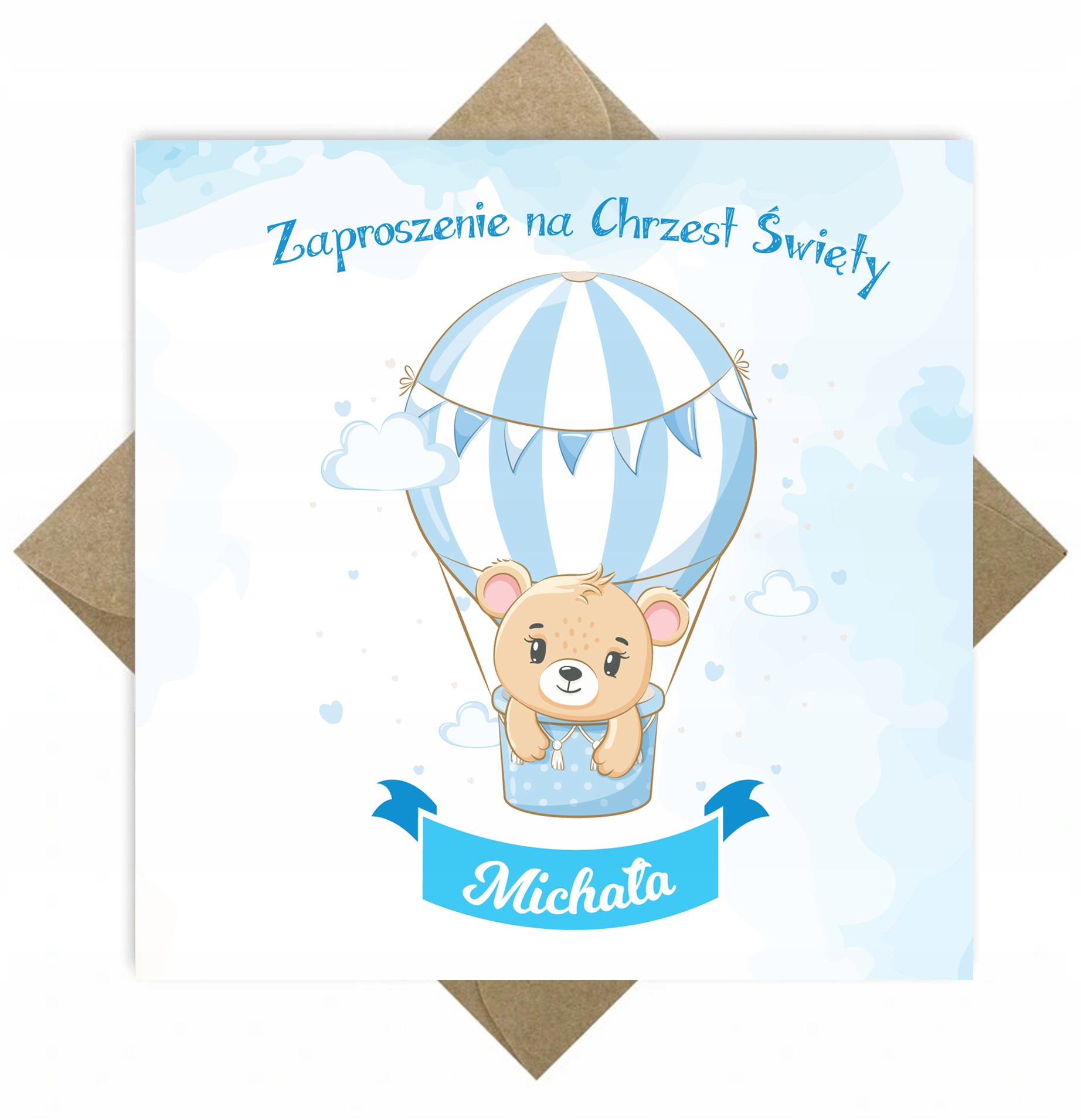 Zaproszenia na Chrzest Święty IMIĘ Miś eko koperta Marka bez marki