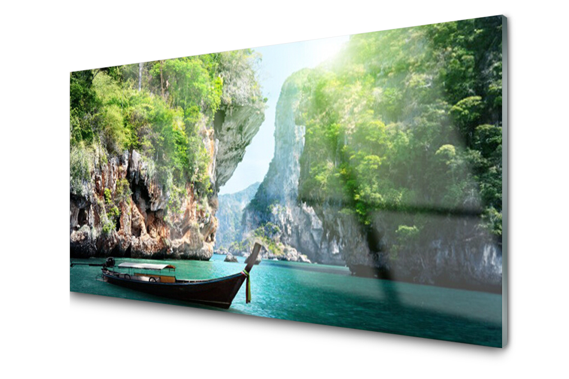 

Panel szklany dekor Góra Woda Łódka 120x60 + Klej