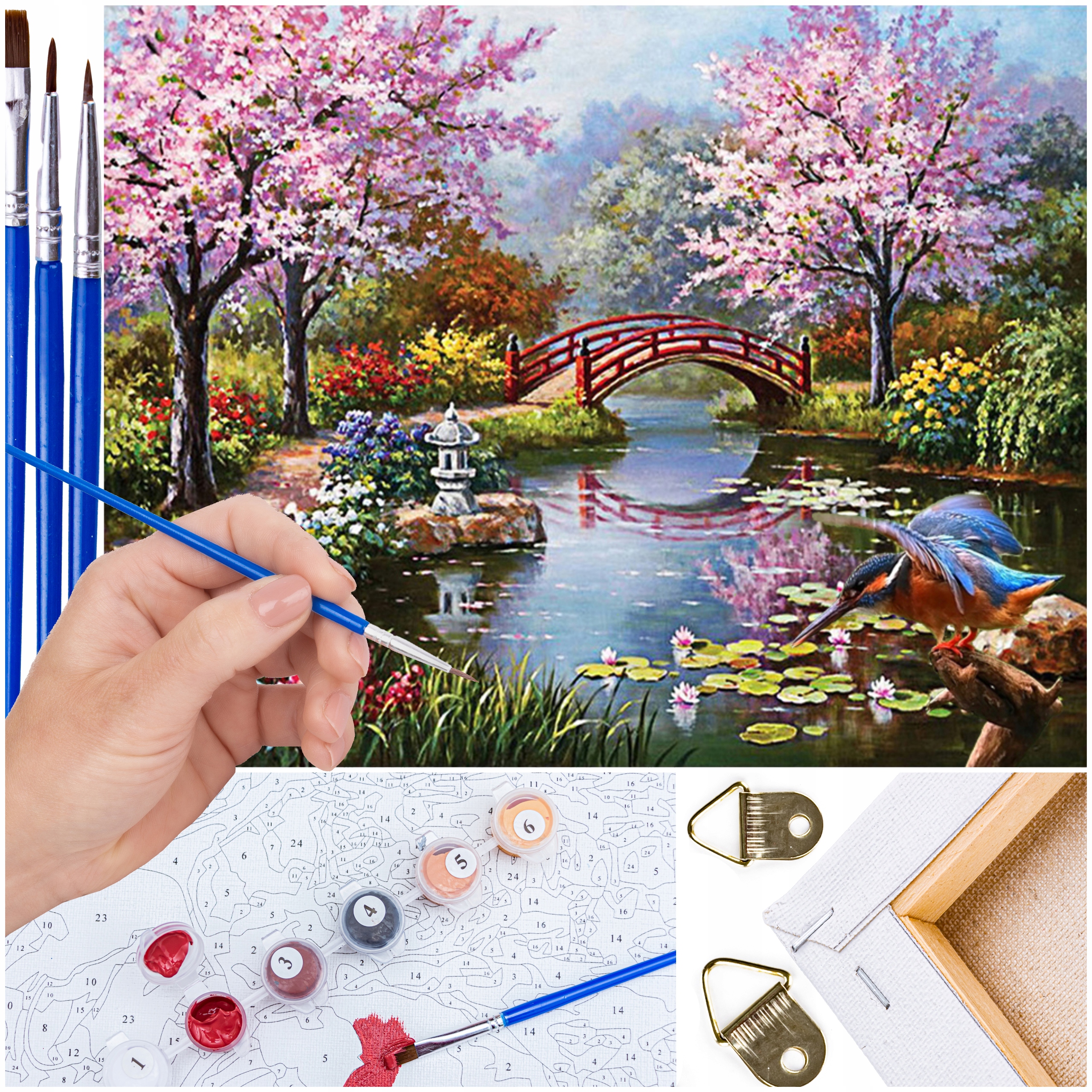 Obraz pro malování podle čísel Květiny Stromy nad vodou s mostem Krajina 50x40