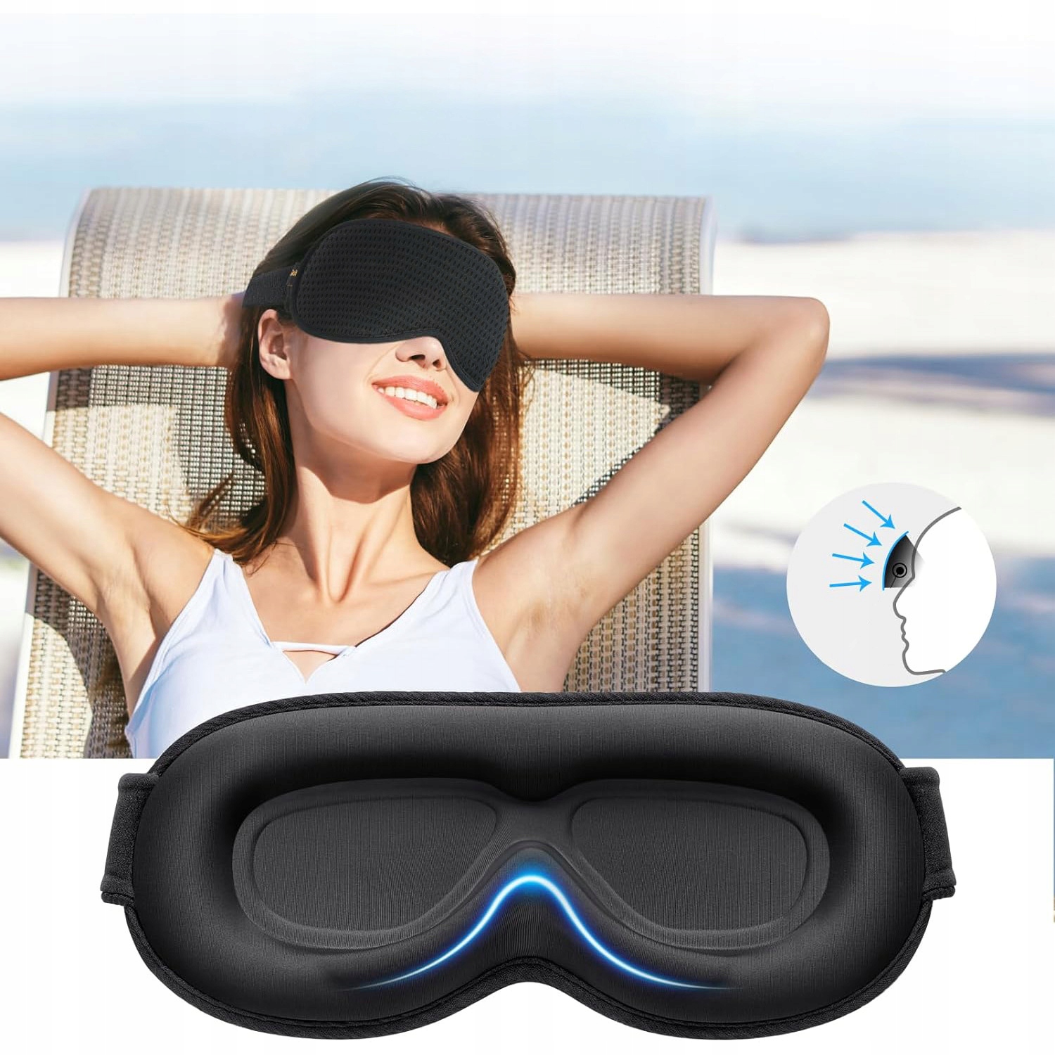 OPASKA NA OCZY DO SPANIA 3D MASKA ZACIEMNIAJĄCA 99% ŚWIATŁA REGULOWANA PRO Kolor czarny