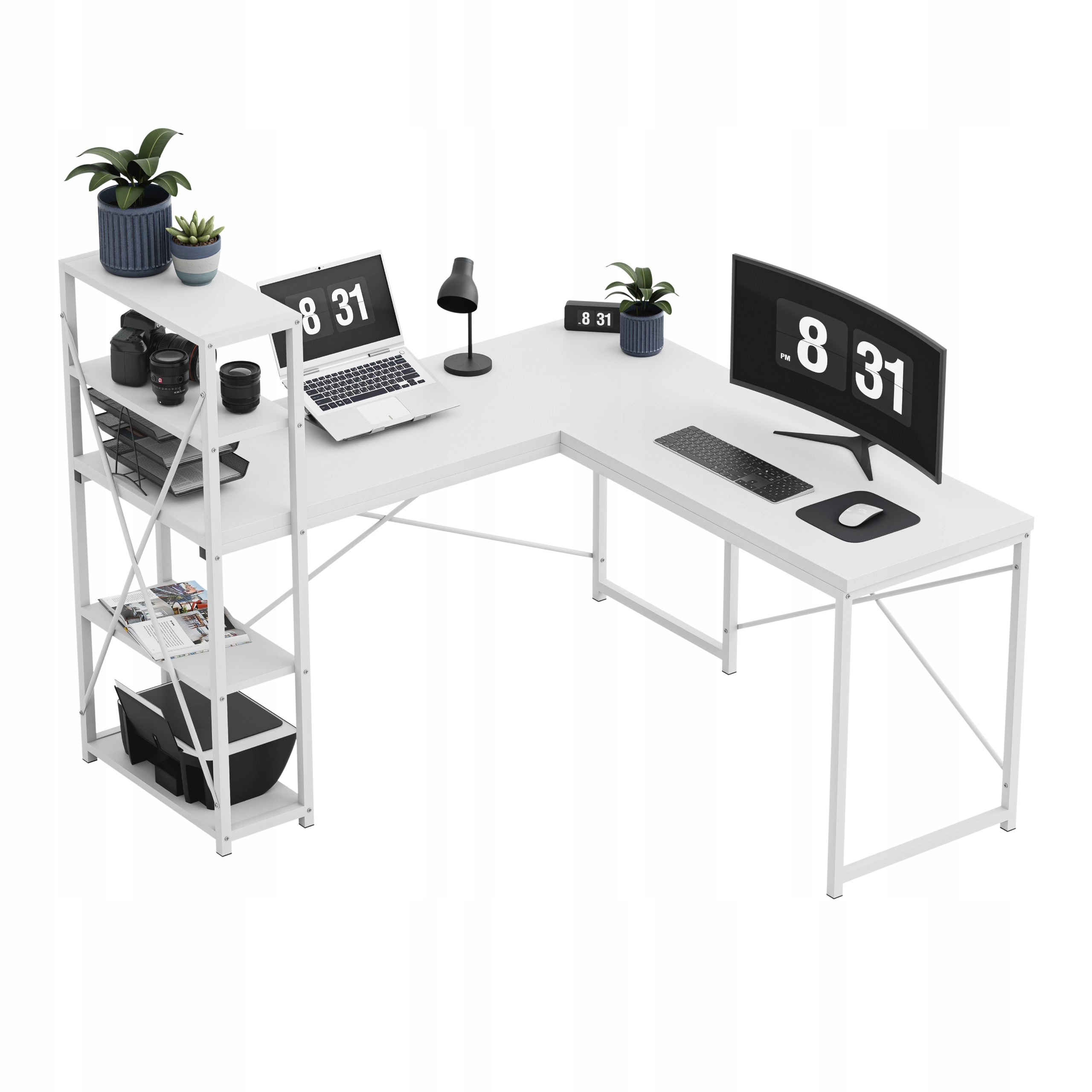 Rohový psací stůl Mark Adler bílý počítačový loftový školní s poličkami