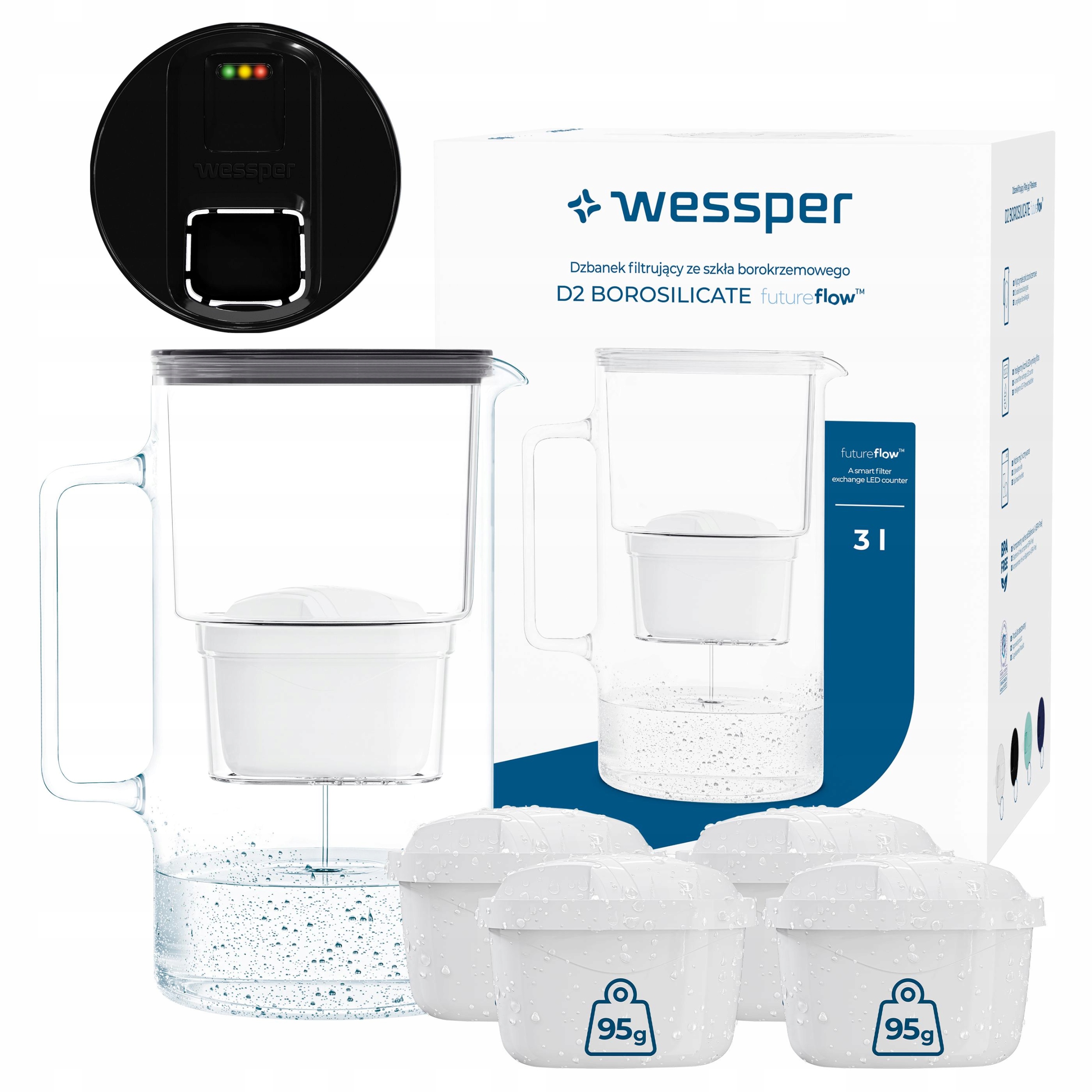 Filtrační konvice skleněná Wessper D2 Borosilicate 3 l Led 5 x vodní filtr