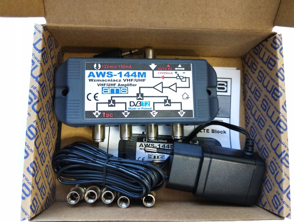 [1szt] Rozdzielacz Wzmacniacz 1/4TV AWS-144M bez zakłóceń LTE + zasilacz Kod producenta aws-144