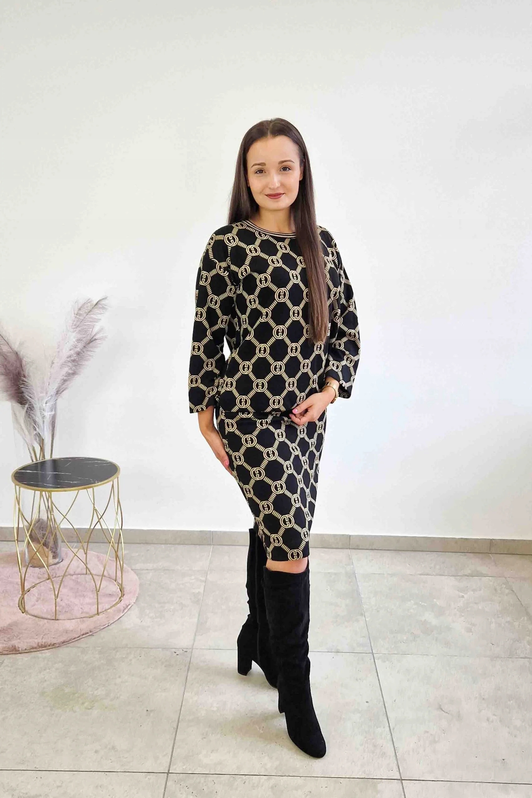 Elegantní komplet Glamour Halenka a Sukně Midi s vzory Gg 38