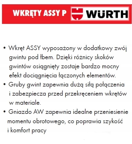 WURTH KONFIRMATY WKRĘTY ASSY PLUS 4x30 500szt+bit Kod producenta 019040430