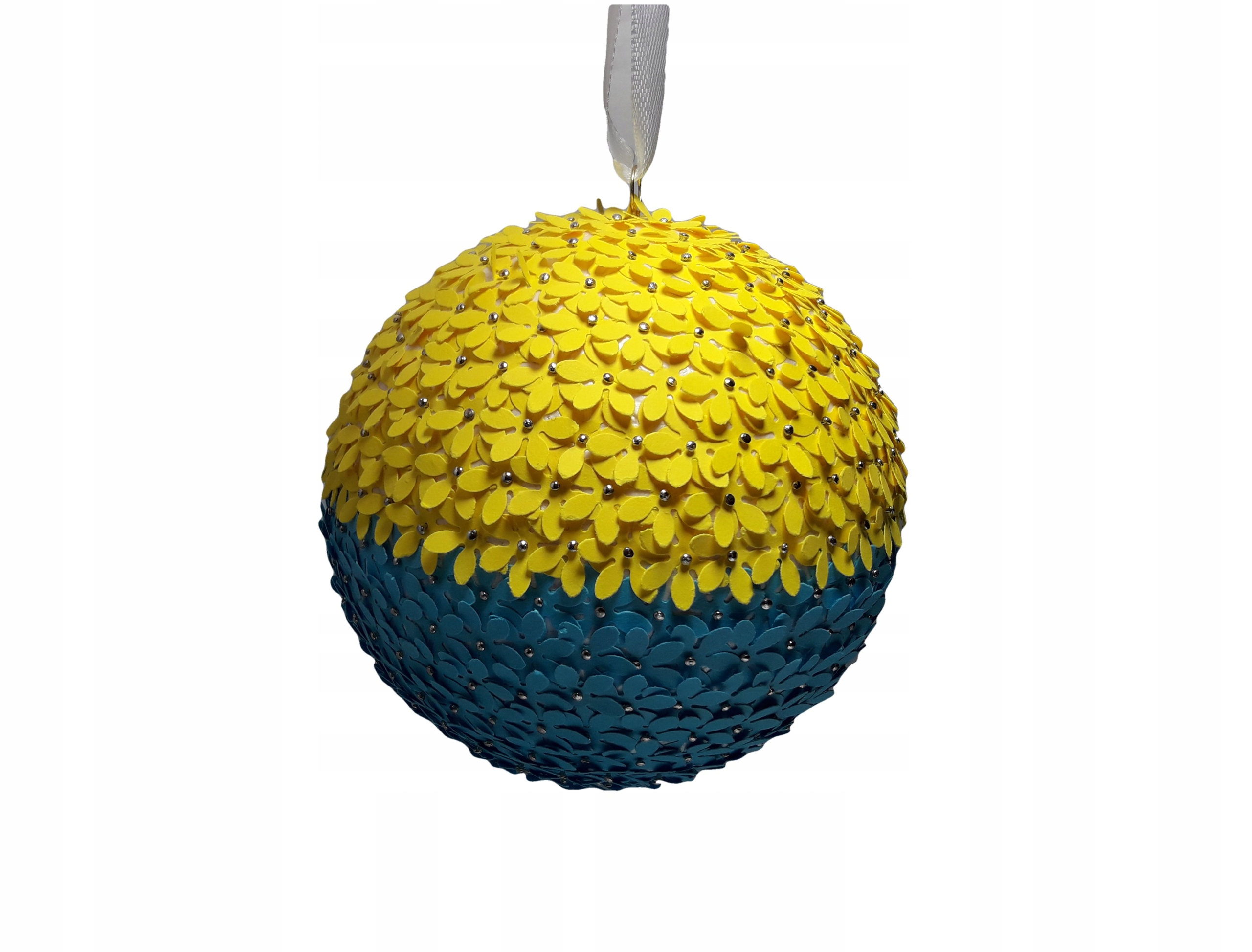 

Bombka z żółto-niebieskimi kwiatkami handmade 10cm