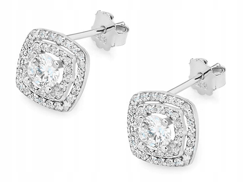 Zlaté náušnice 585 Kwadraciki S Brilianty 2,20 g s diamanty na tyčince