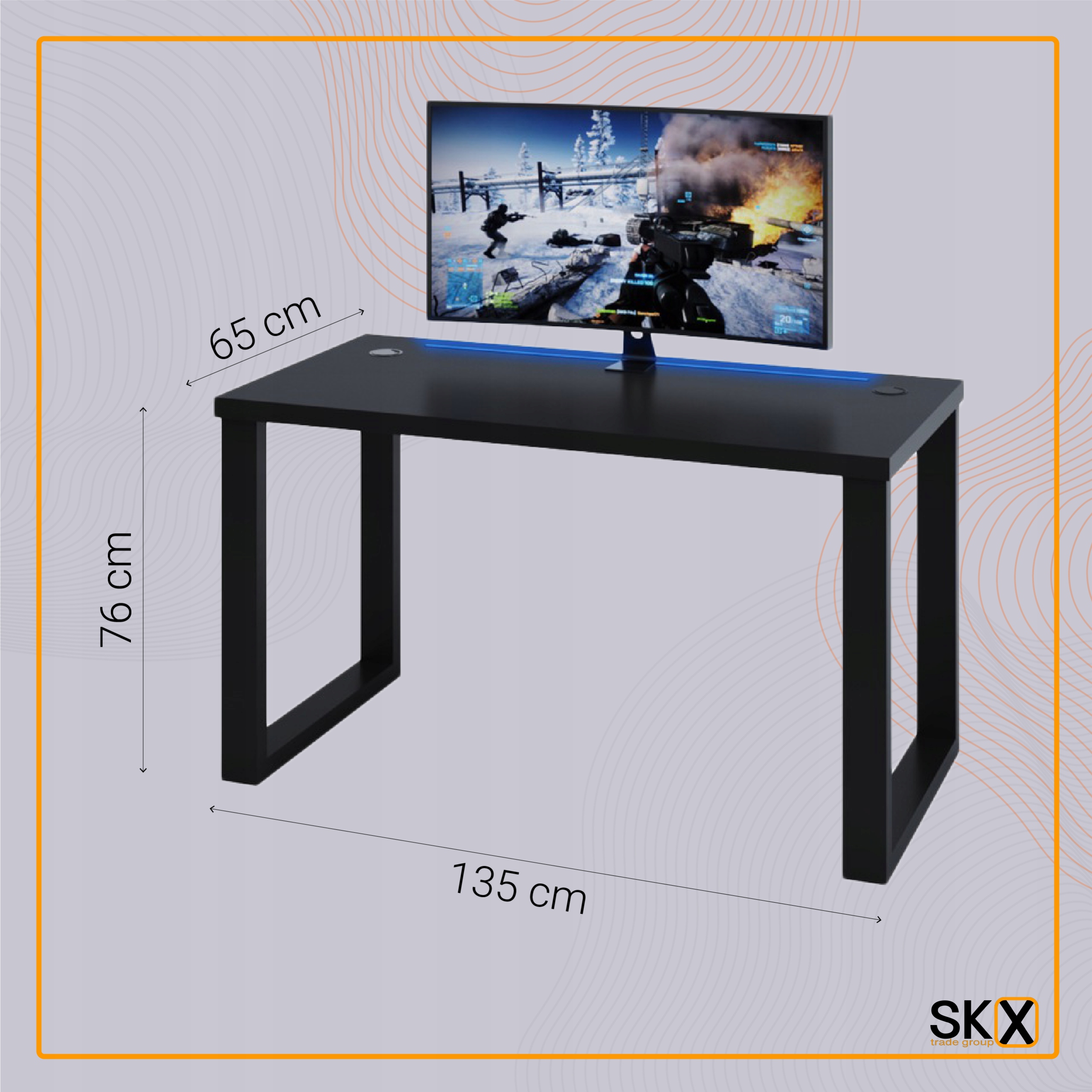 Biurko Gamingowe Komputerowe Dla Graczy LED Czarne Głębokość mebla 65 cm