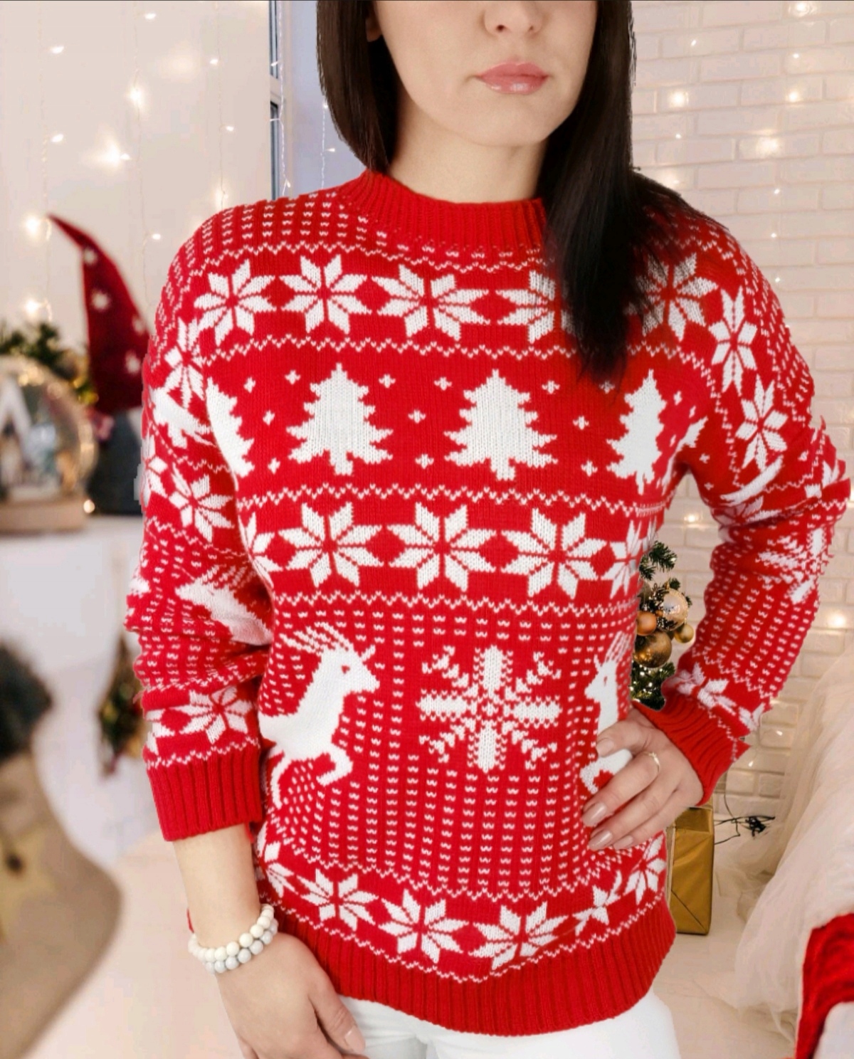 Czerwony ŚWIĄTECZNY SWETER RENIFERY NORWESKI