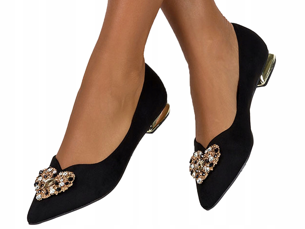 BALERINY DAMSKIE Z OZDOBĄ NA NISKIM OZDOBNYM OBCASIE SKÓRZANA WKŁADKA r 36