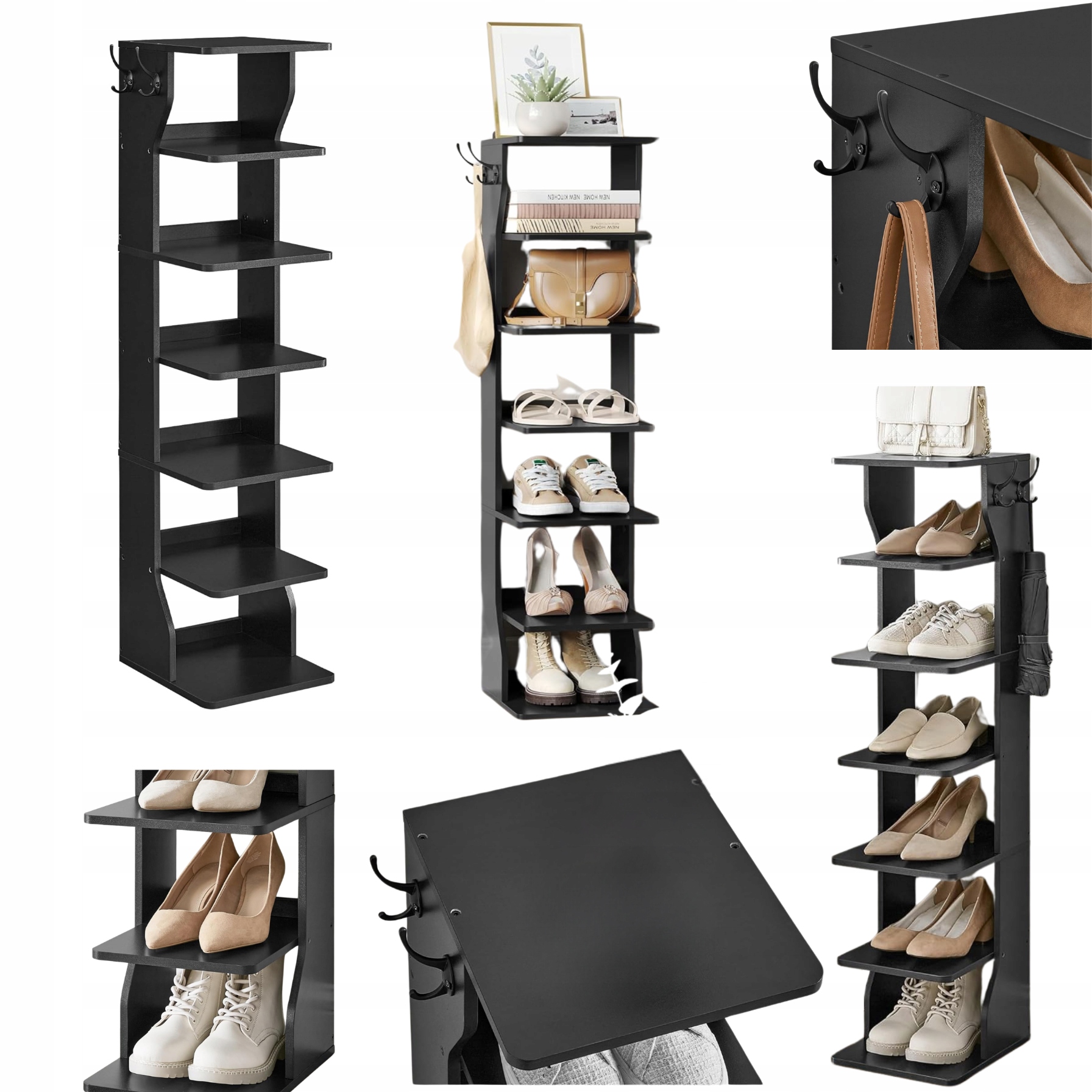Úzka skrinka na topánky 6 úrovní Rohový regál Čierny Vysoký 2 háčiky