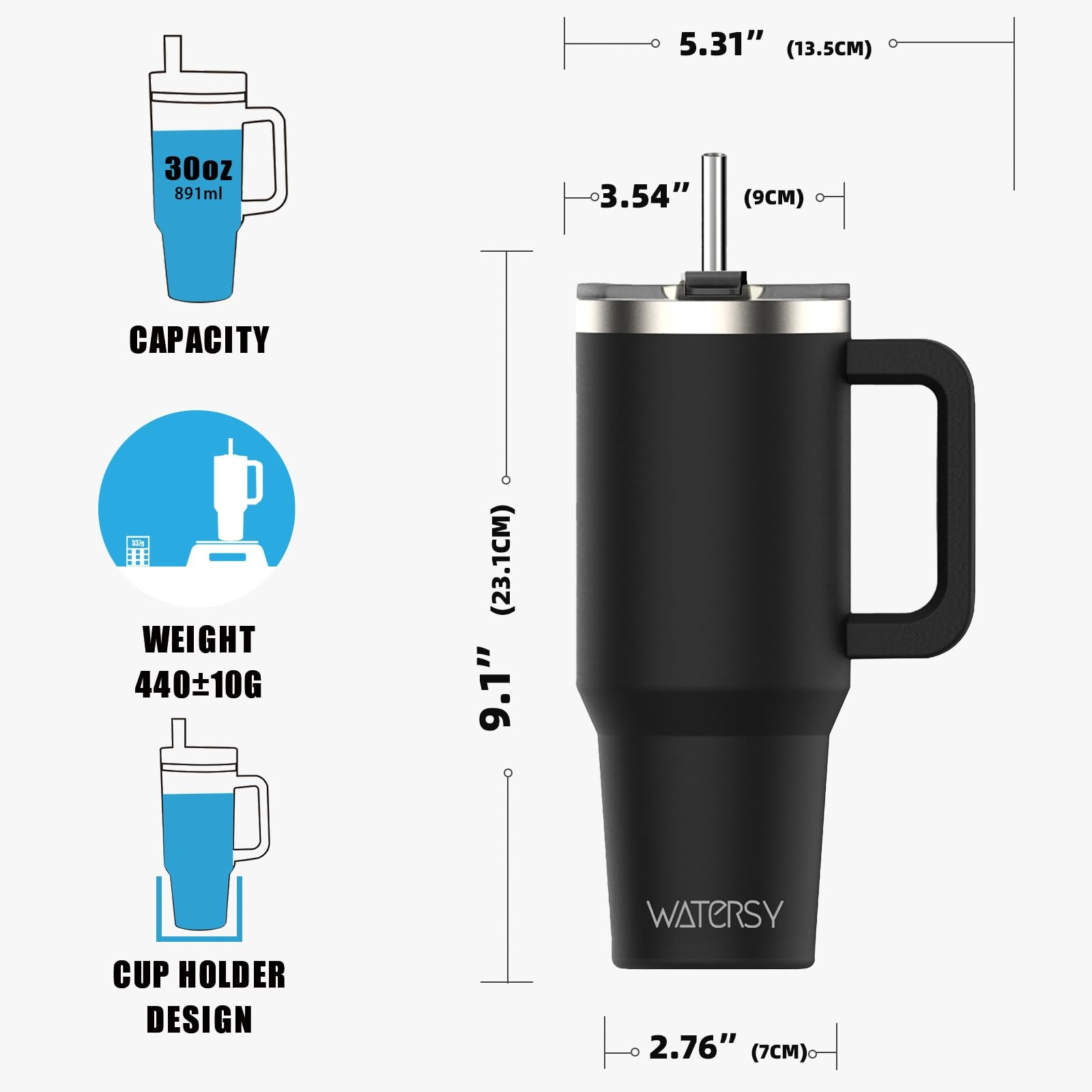 WATERSY KUBEK TERMICZNY 891ML STAL NIERDZEWNA Z UCHEM I SŁOMKĄ CZARNY — miniatura 6