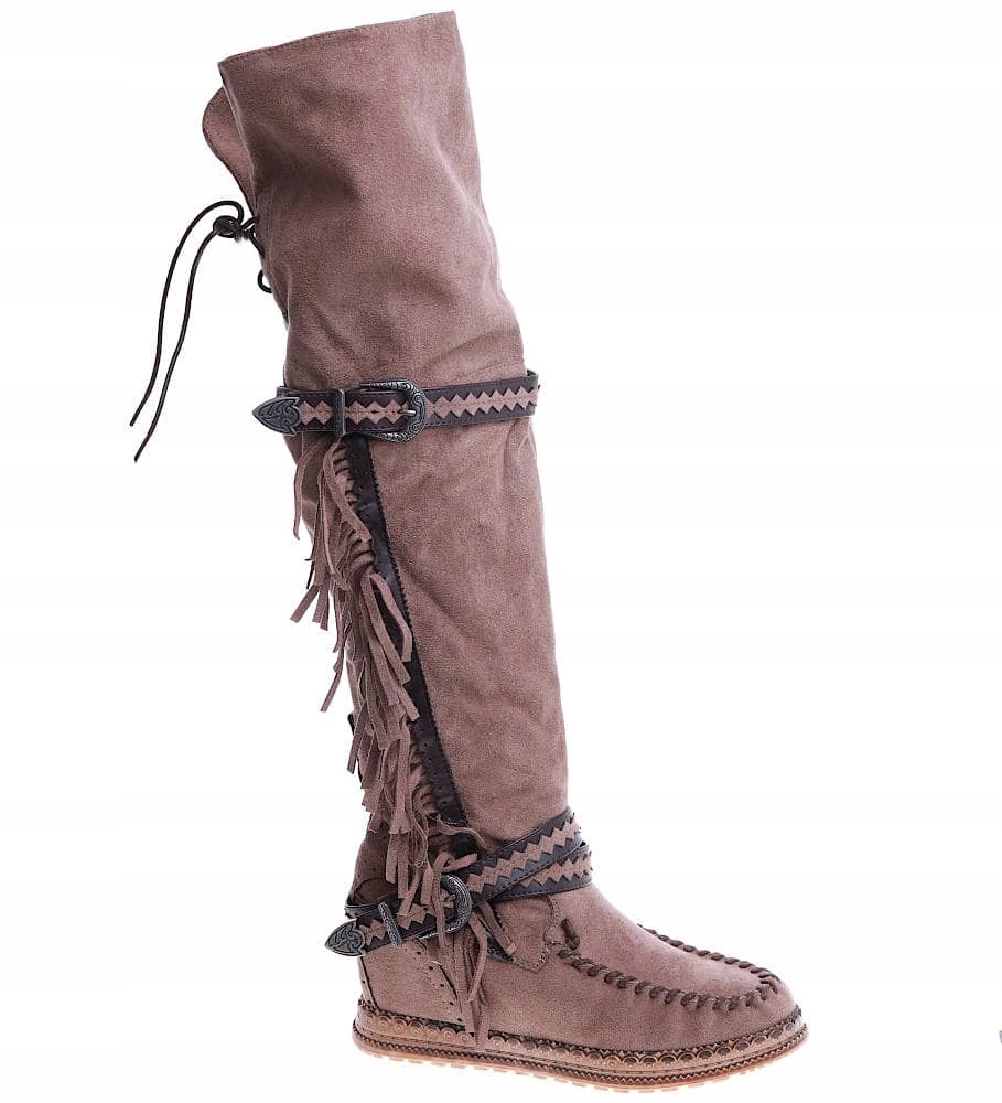 DAMSKIE KOZAKI Z FRĘDZLAMI BOHO KHAKI 14926 39 Marka inna