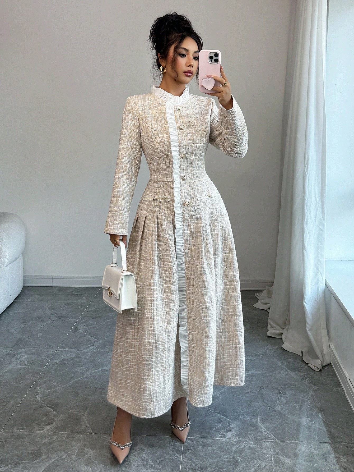 Šaty Tweedová Maxi Béžová S Vypasovanými Knoflíky Elegantní Shein M 38