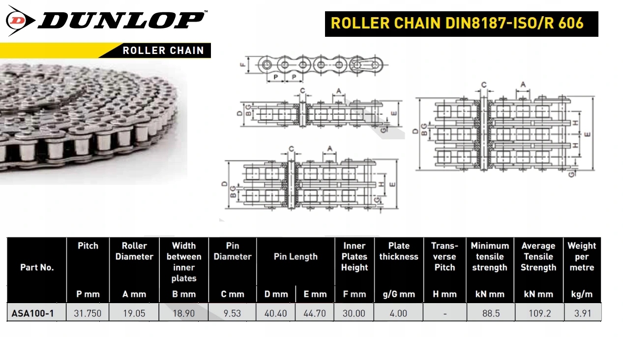 Válečkový řetěz ASA100-1 20 A-1 , Dunlop [Cena za 1 metr]