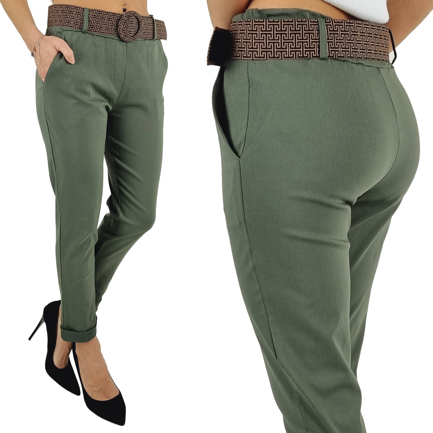 #ELASTYCZNE - SPODNIE - DAMSKIE - W GUMKĘ - PASEK#