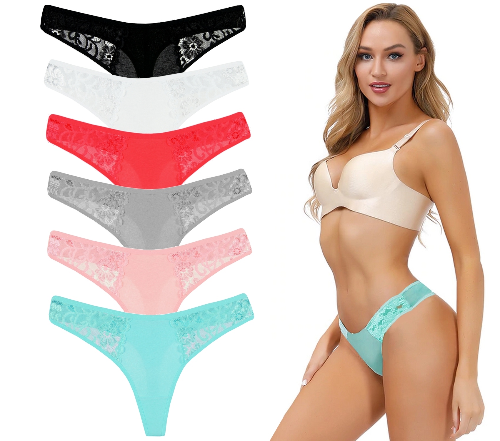 

6-pak Stringi Bawełniane Majtki Koronkowe L XL 05