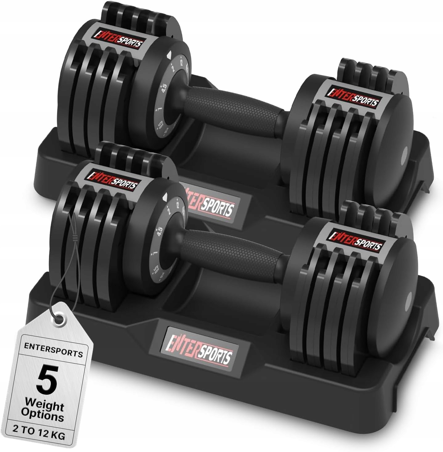 Hantle Regulowane 2x12kg EnterSports 5 Obciążeń 2-12kg Zestaw