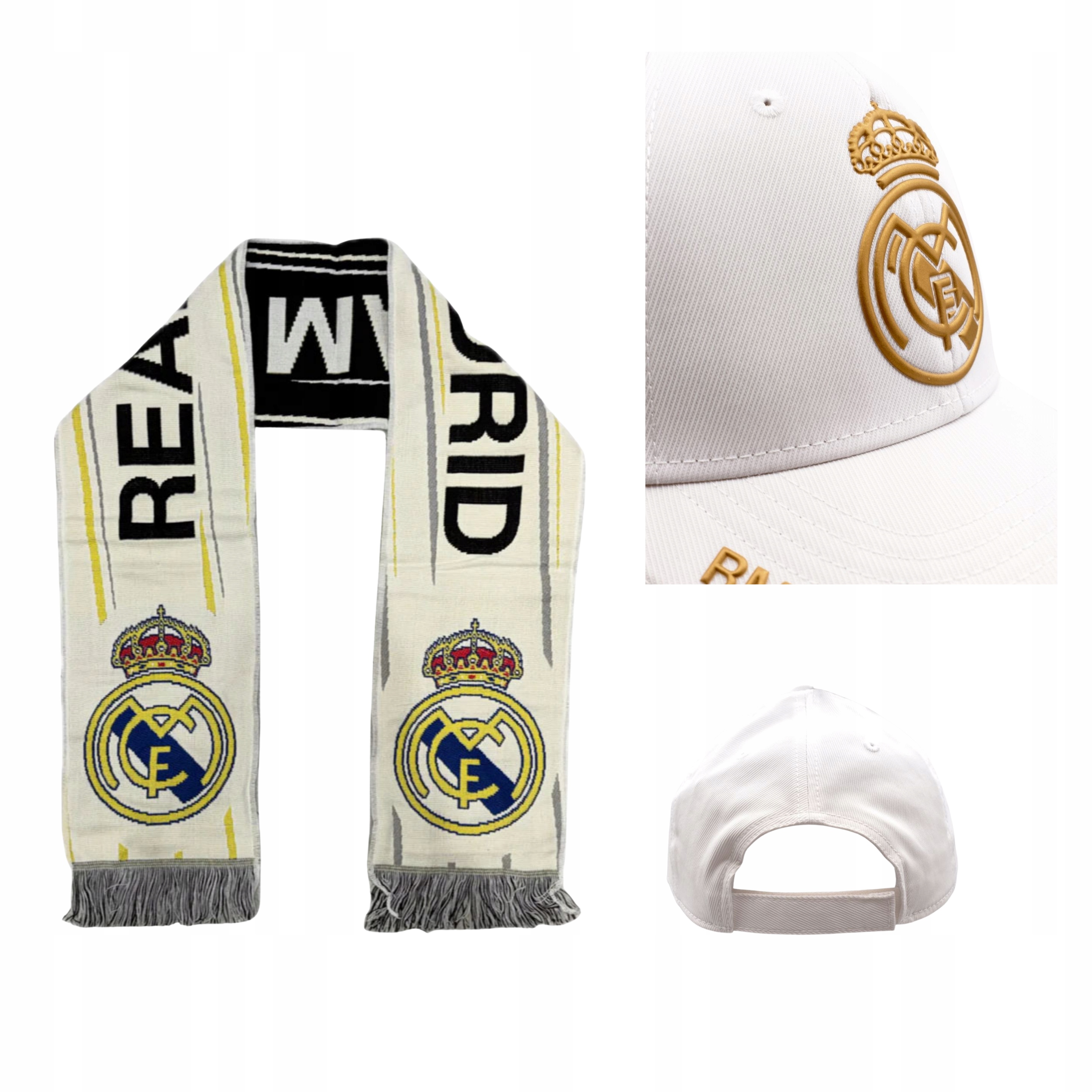 Zestaw dla kibica biała czapka z daszkiem i szalik Real Madryt