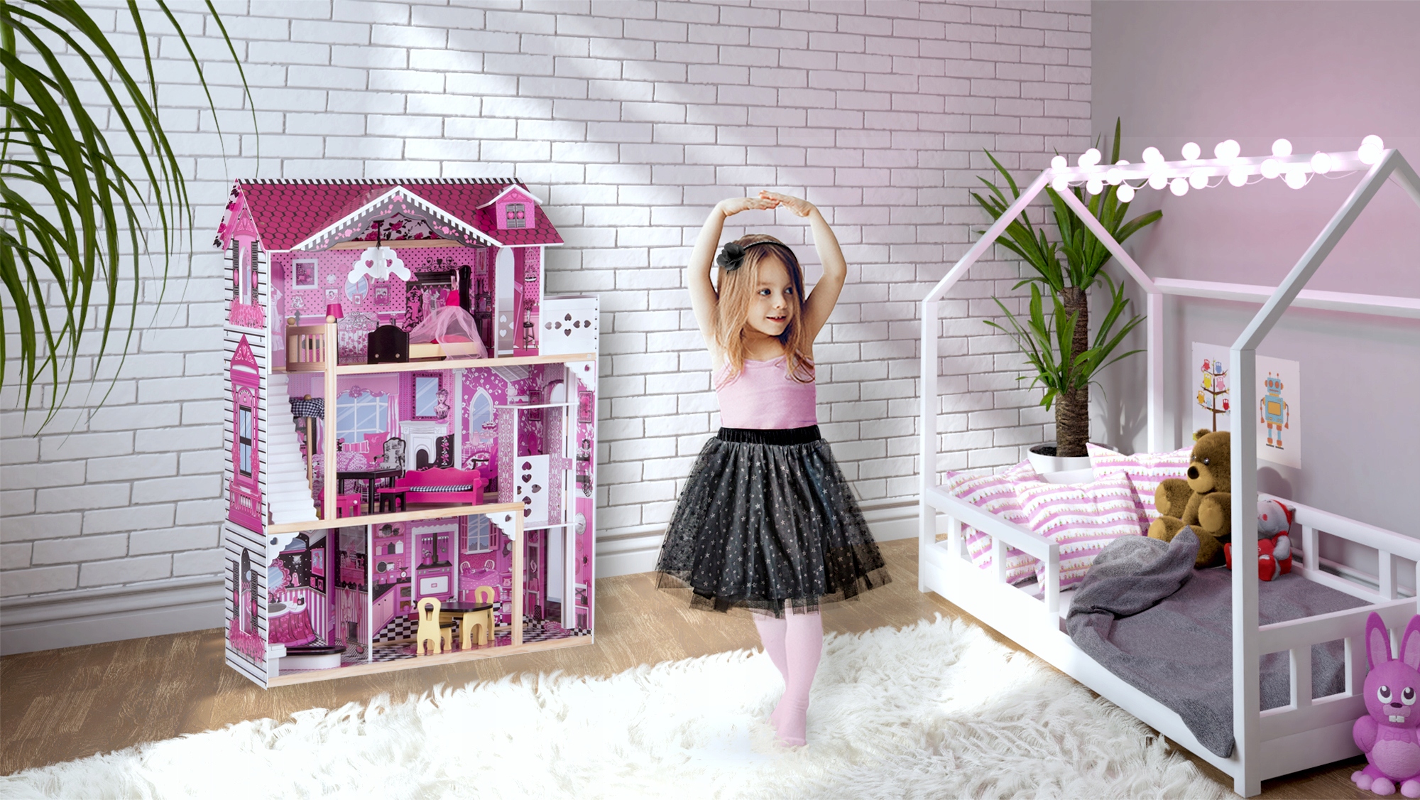 DUŻY DREWNIANY DOMEK DLA LALEK MEBLE + WINDA LED Marka RicoKids