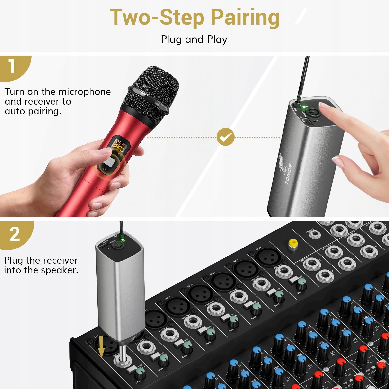 TONOR Mikrofon Bezprzewodowy UHF Dual Metaliczny System Karaoke DJ Kościół — miniatura 4