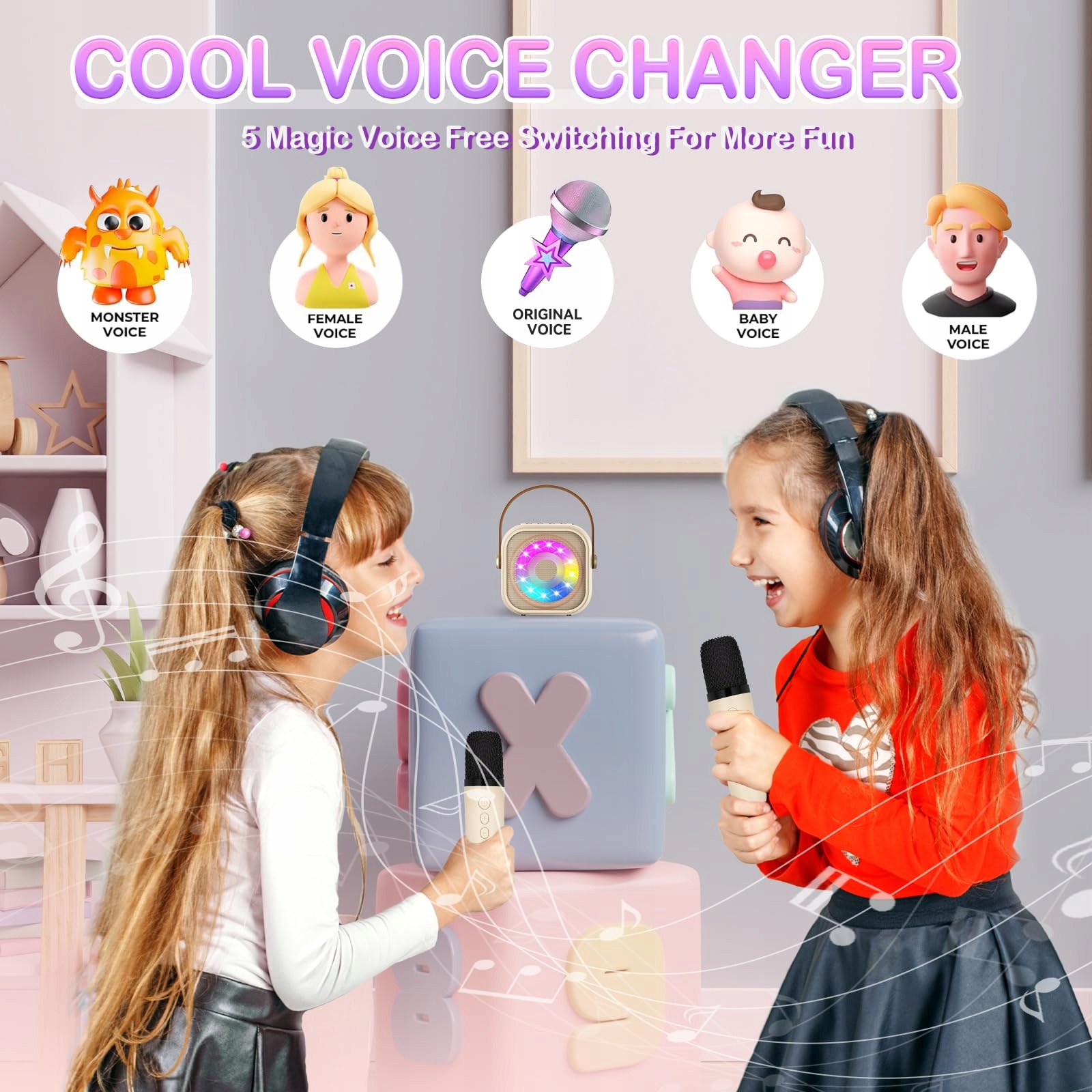 KARAOKE MASZYNA Z 2 MIKROFONAMI DLA DZIECI LED BLUETOOTH — miniatura 6