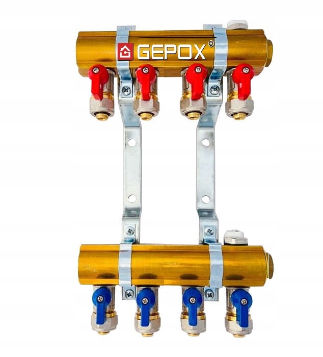 Rozdělovač C.o. 4 okruhy Gepox ventily Pex odvzdušňovače pro ohřívače