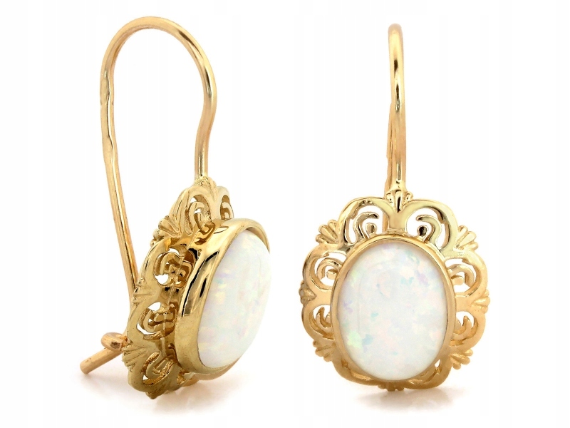 Zlaté náušnice 585 na biglu s opálem s ažurovou obroučkou jsou elegantní jako dárek